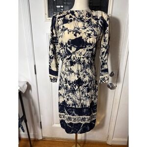 SILK. FONTAN Milano Vintage Abstract Marble Print Smocked Dress Navy Cream Sz 10
